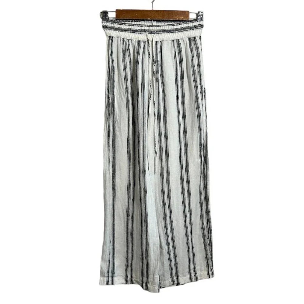 Reformation Crop Wide Leg Linen Pant XS Black White Striped Drawstring High Rise